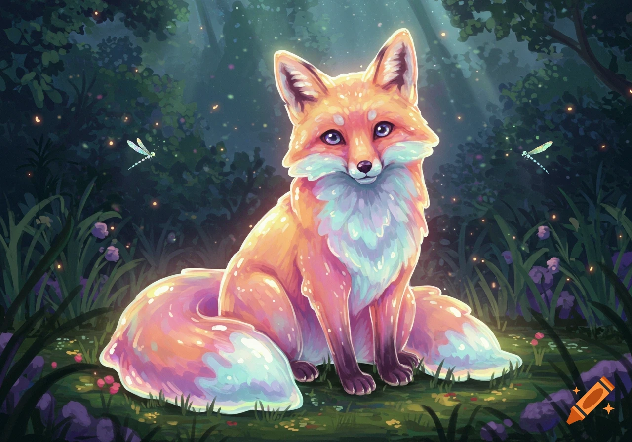 A brightly colored, stylized fox with translucent, shimmering fur sits in a magical forest with glowing fireflies and sunbeams.