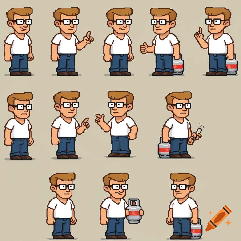 A spritesheet of a pixel art character resembling Hank Hill in various poses, some holding propane tanks, in an 8-bit style.