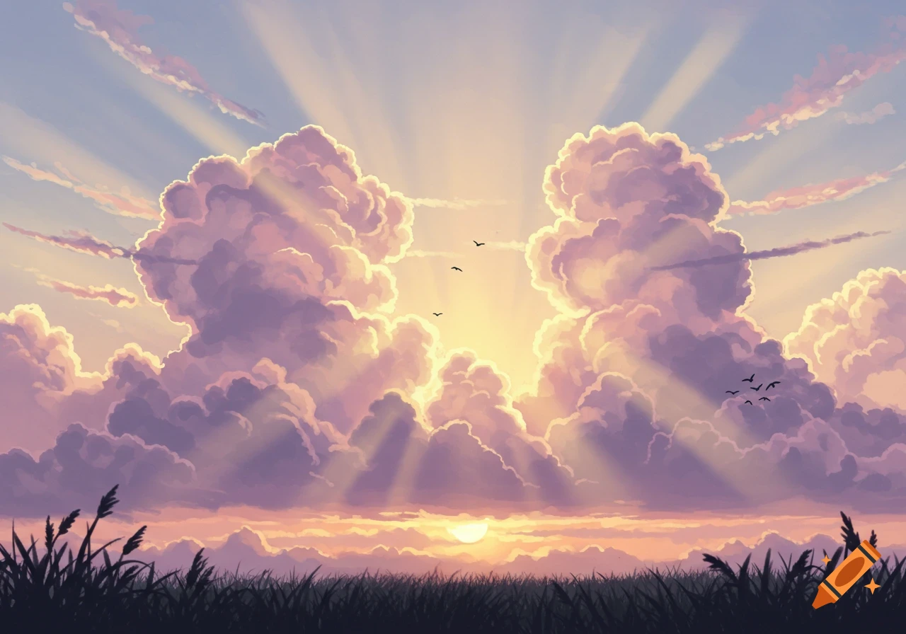 Serene illustrative landscape of a sunrise over a grassy field, with large puffy pink and purple clouds and sun rays breaking through.