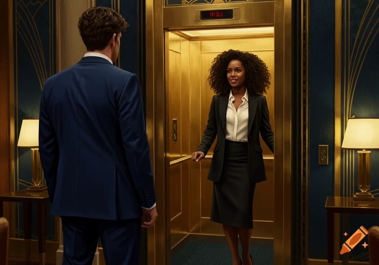 A man in a navy blue suit faces a smiling woman in a black blazer and skirt stepping out of a golden elevator.