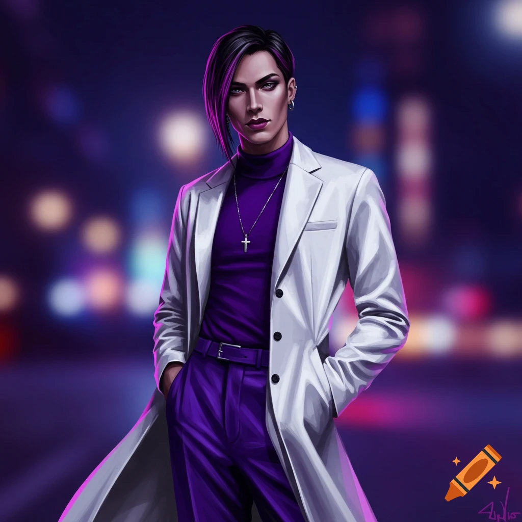 Stylized digital art of a person with black hair, purple highlights, white coat, purple turtleneck and pants, against blurred city lights.