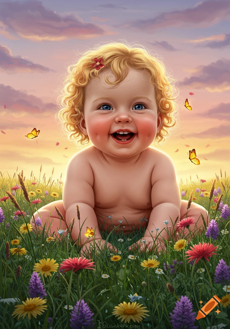 A happy baby with blonde curly hair sits laughing in a field of colorful wildflowers, with butterflies fluttering under a vibrant sunset sky.