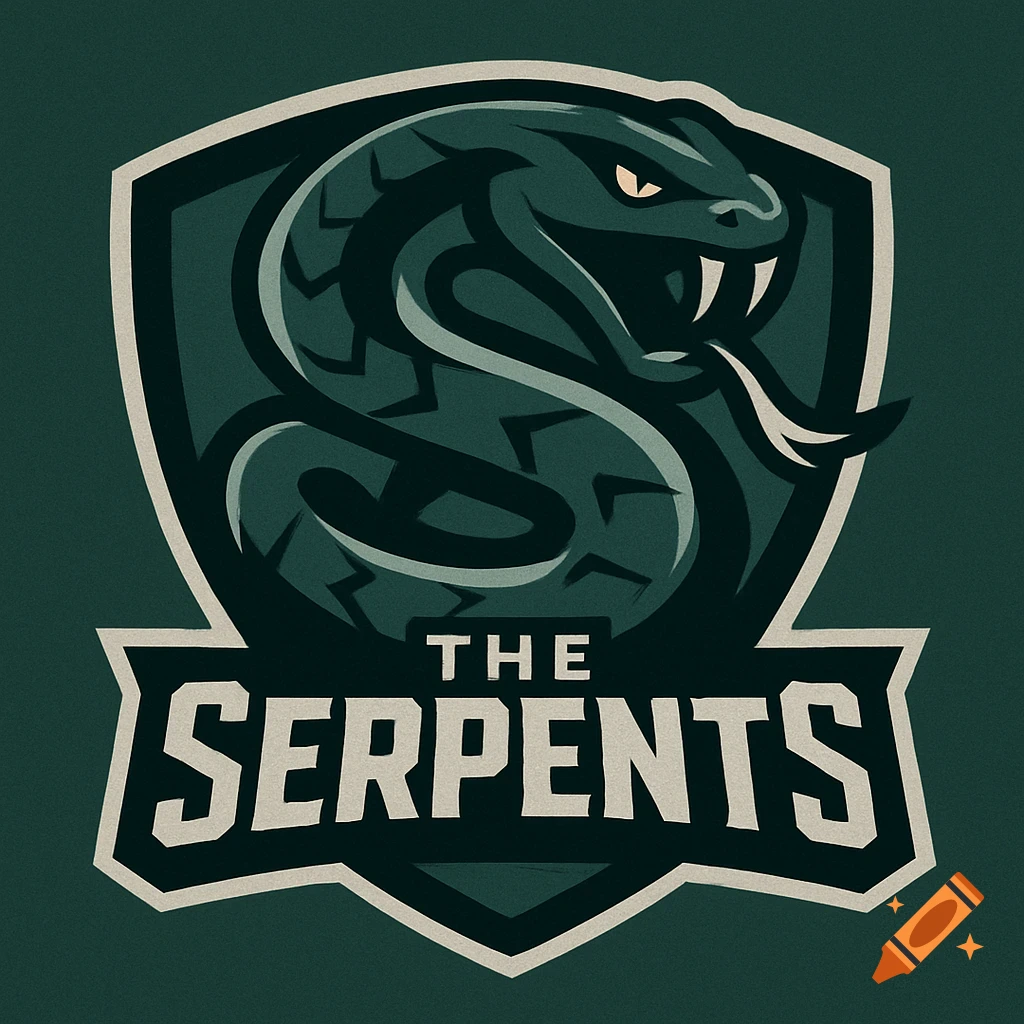 A stylized sports team logo featuring a green snake coiled within a shield, with the text 'THE SERPENTS' below it.