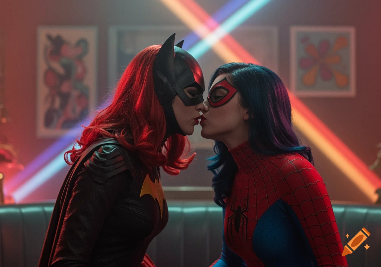 Photorealistic image of a woman in a Batwoman costume kissing a woman in a Spider-Woman costume indoors with colorful lights.