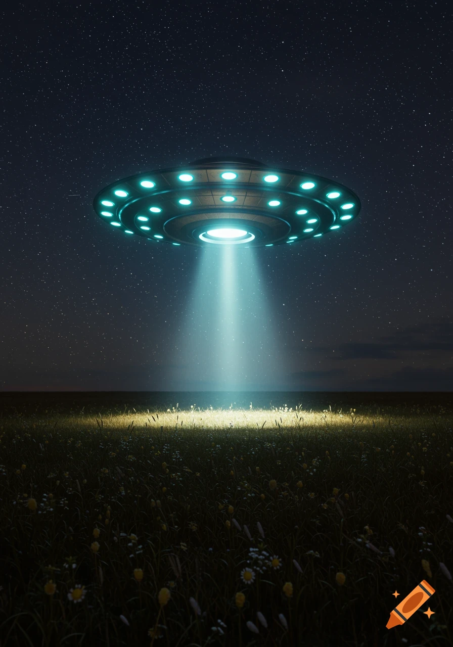 A glowing UFO hovers over a dark field at night, shining a bright light beam onto the grass under a star-filled sky.