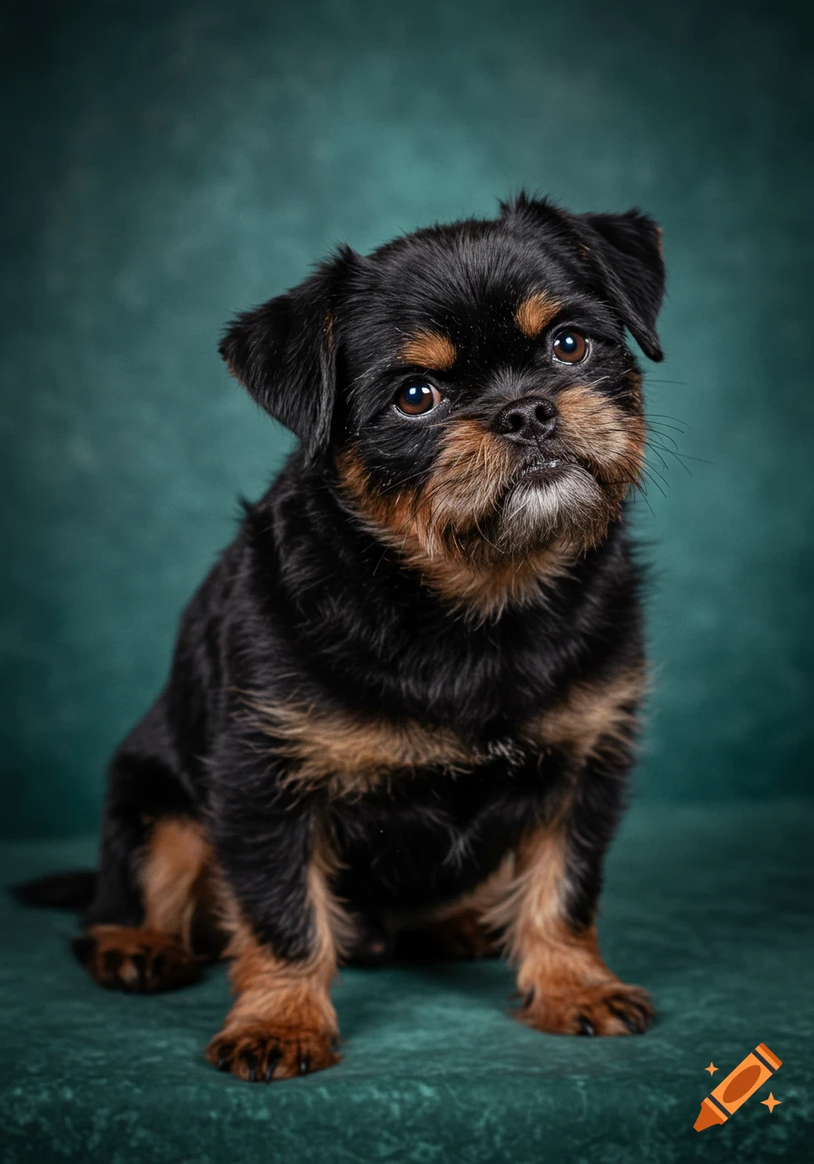 A photorealistic portrait of a black and tan Affenpinscher dog with an expressive face, sitting against a muted teal background.