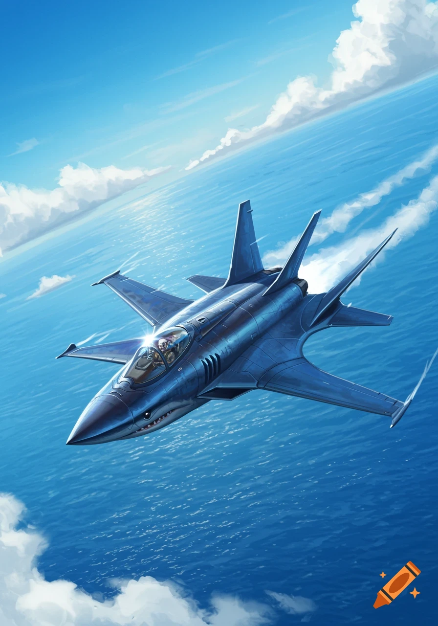 A blue fighter jet with a shark's face painted on its nose flies over a vast blue ocean under a clear sky.