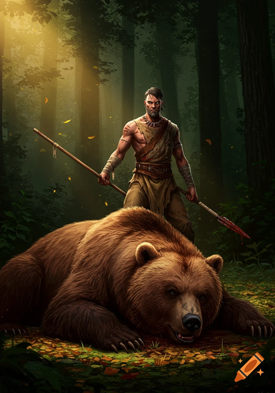 A rugged male warrior stands over a defeated bear in a sunlit forest, holding a bloody spear.