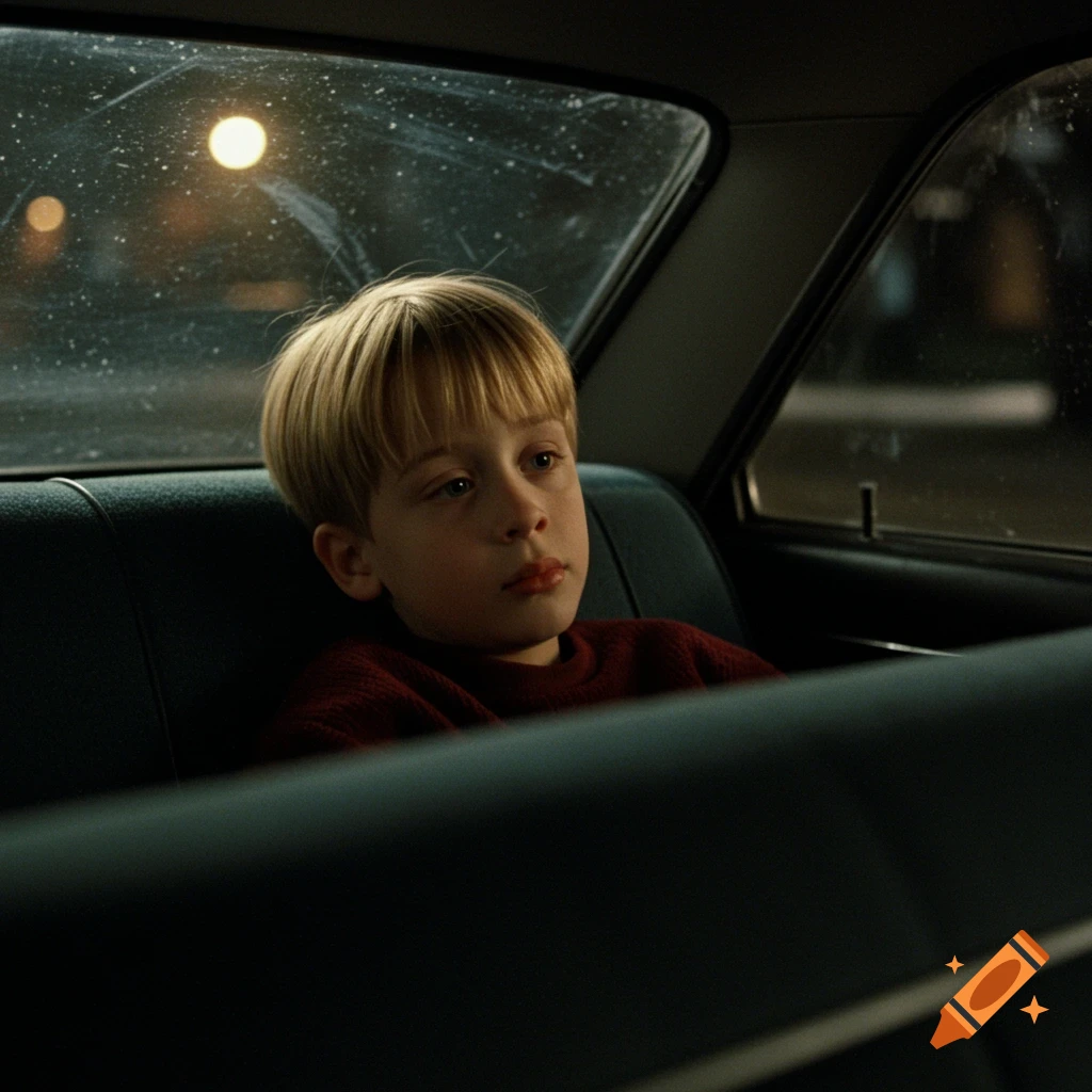 A young boy with blonde hair in a red sweater sits in the back of a car at night, looking out the window.