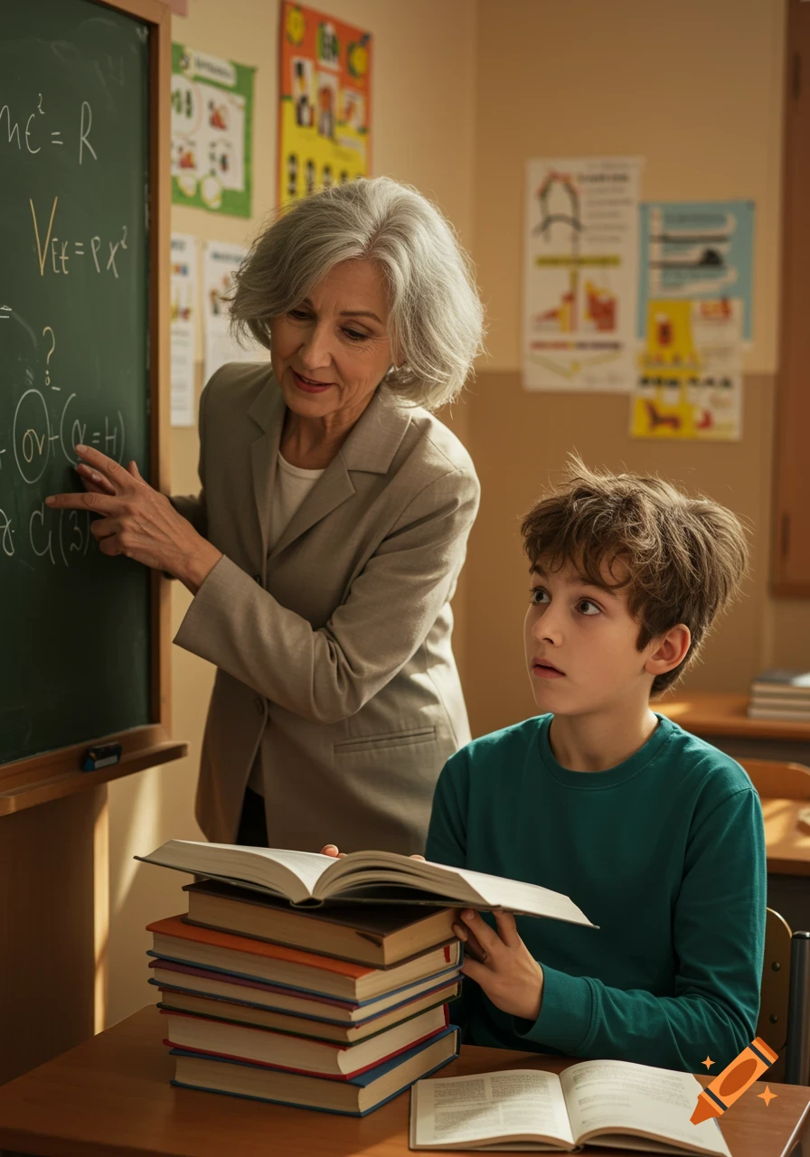 A teacher with gray hair points to a blackboard with mathematical equations as a young boy with messy hair looks up at her, holding an open book on a stack of textbooks.