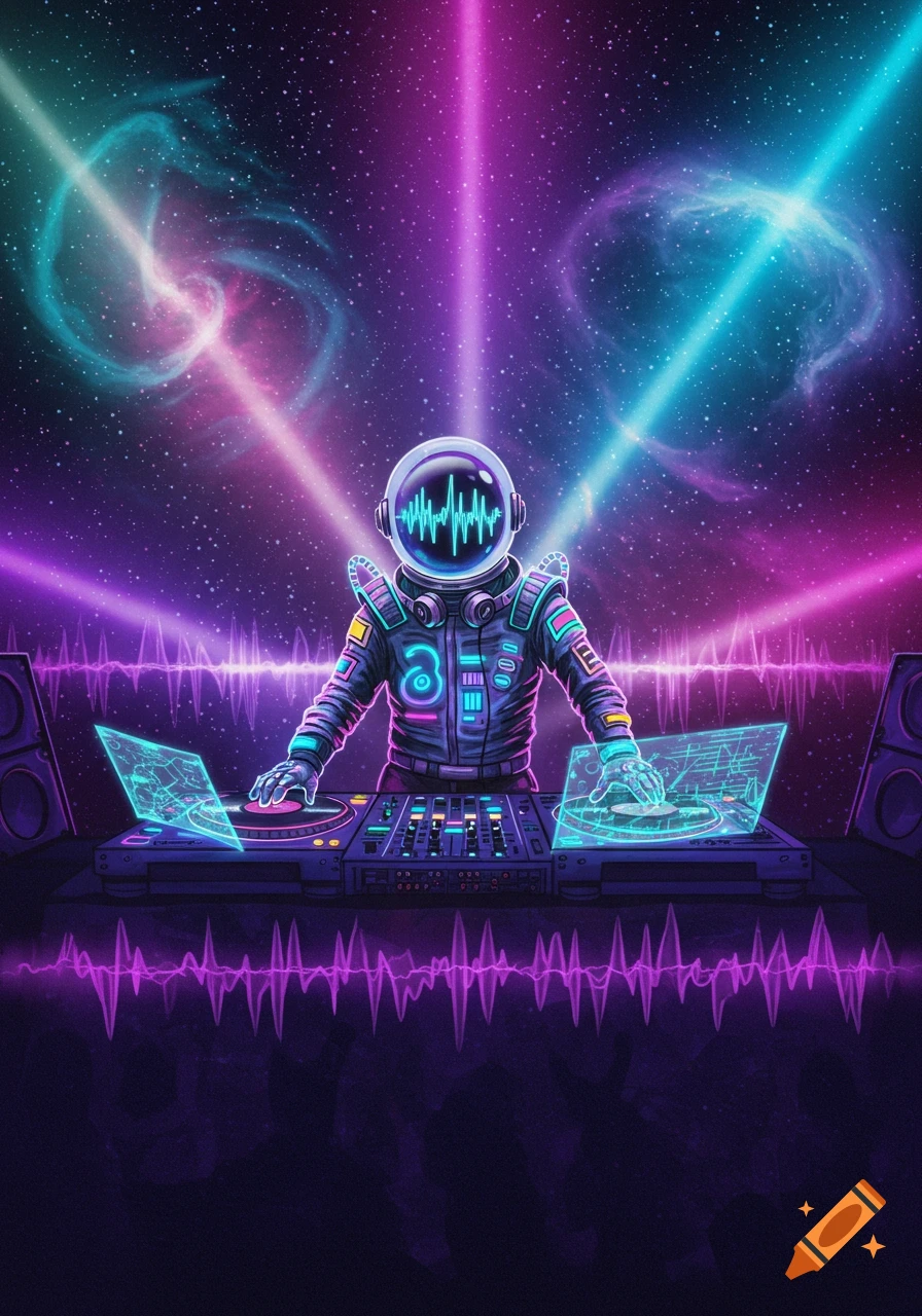 Vibrant, neon illustration of an astronaut DJ mixing music in deep space with glowing light beams and stars.