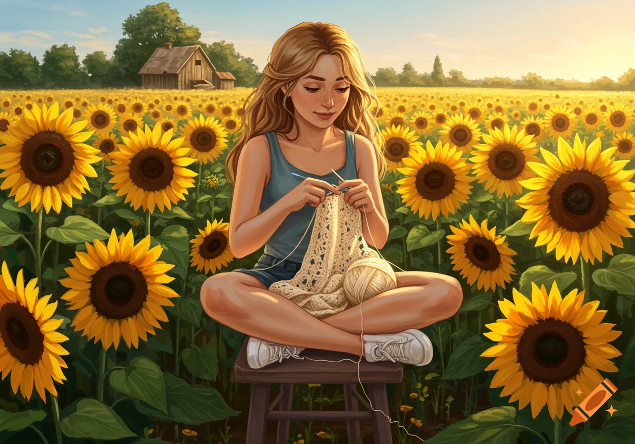 A young woman with dark blonde hair sits cross-legged on a stool in a vibrant sunflower field, crocheting with a hook and yarn.