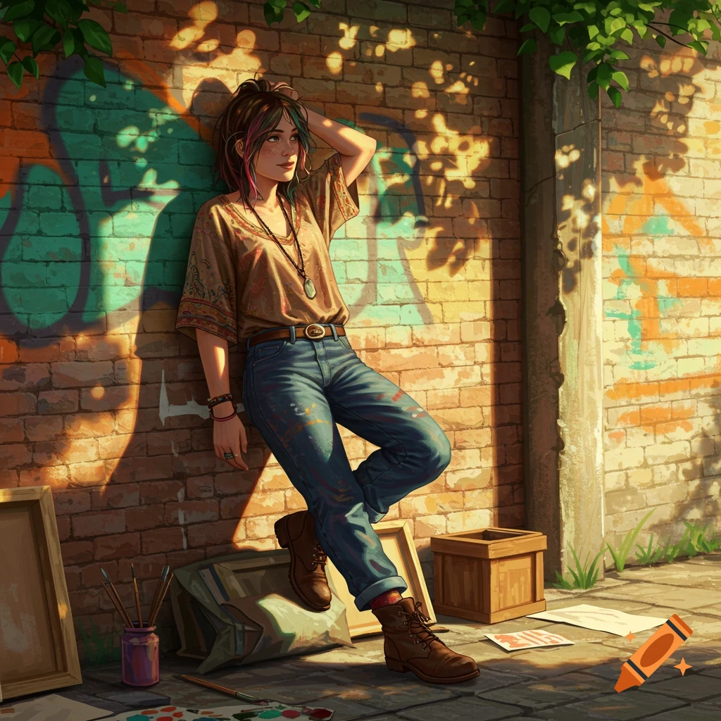 A nonchalant woman with paint-splattered jeans leans against a graffiti-covered brick wall, bathed in warm sunlight.