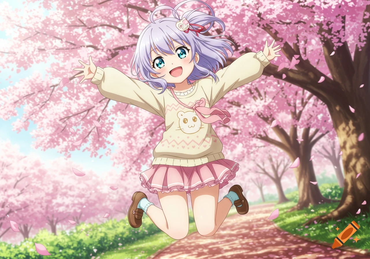 A cute anime girl with purple hair joyfully jumps in a park filled with pink cherry blossom trees and falling petals.