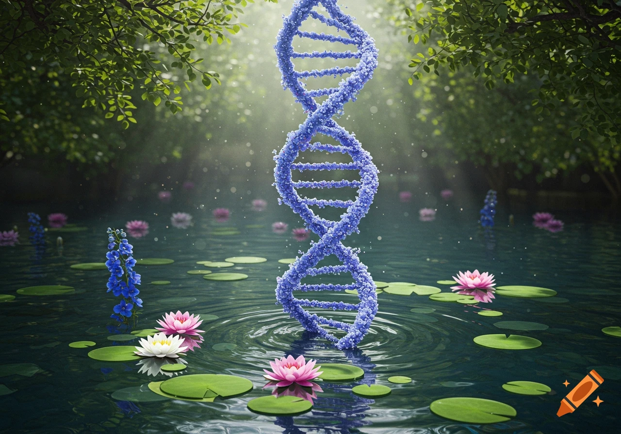 A glowing blue DNA helix rises from a calm pond surrounded by pink water lilies, green lily pads, and lush foliage, with sunbeams filtering through the trees.
