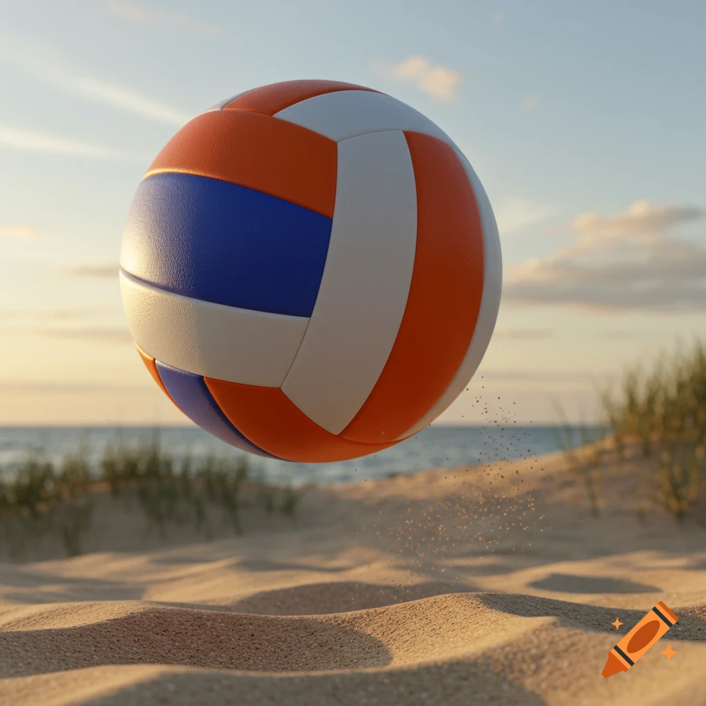 A photorealistic volleyball floats above a sandy beach with the ocean and a sunset sky in the background.