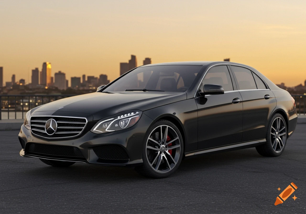 A black Mercedes-Benz E-Class sedan on asphalt with a city skyline at sunset.