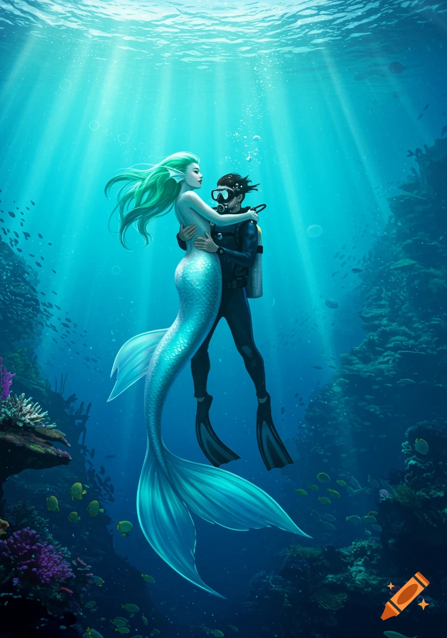An artistic illustration of a green-haired mermaid embracing a male diver underwater amidst coral and fish.