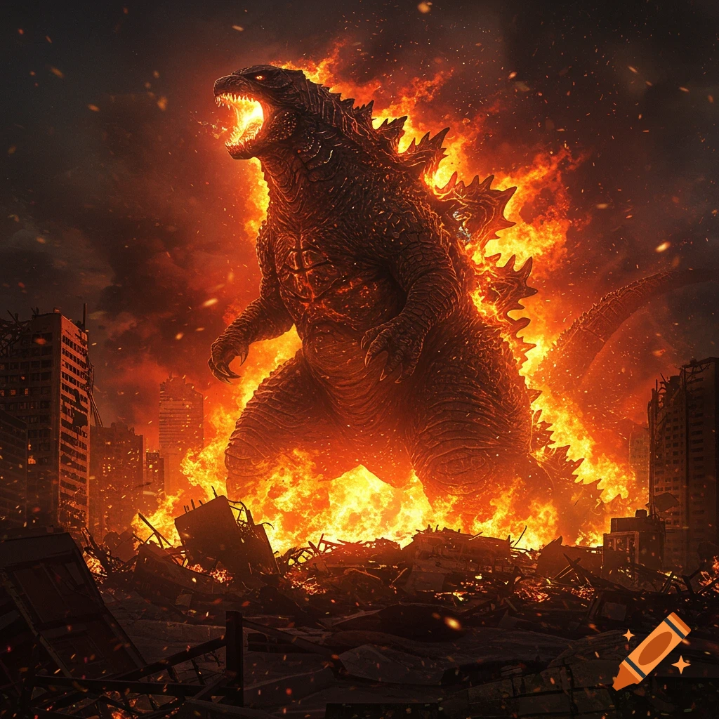 A colossal Godzilla, engulfed in flames, roars in a destroyed, burning city at night.