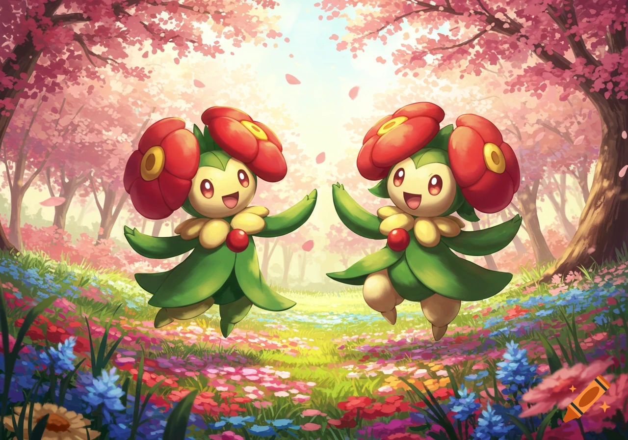 Two Bellossom characters dance joyfully in a vibrant field of colorful flowers under pink cherry blossom trees.