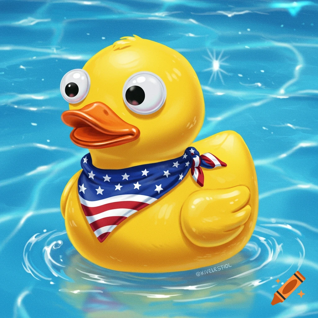 Cartoon rubber duck with big googly eyes and a USA bandana floating in blue water.