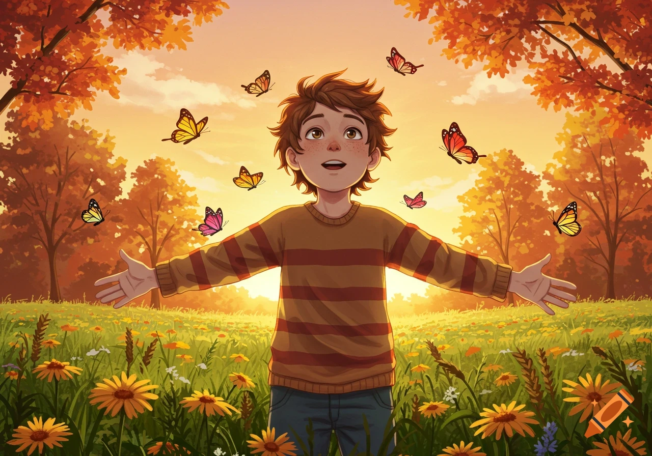 A happy boy with outstretched arms stands in a field of yellow flowers, surrounded by colorful butterflies at sunset, in an illustrated style.