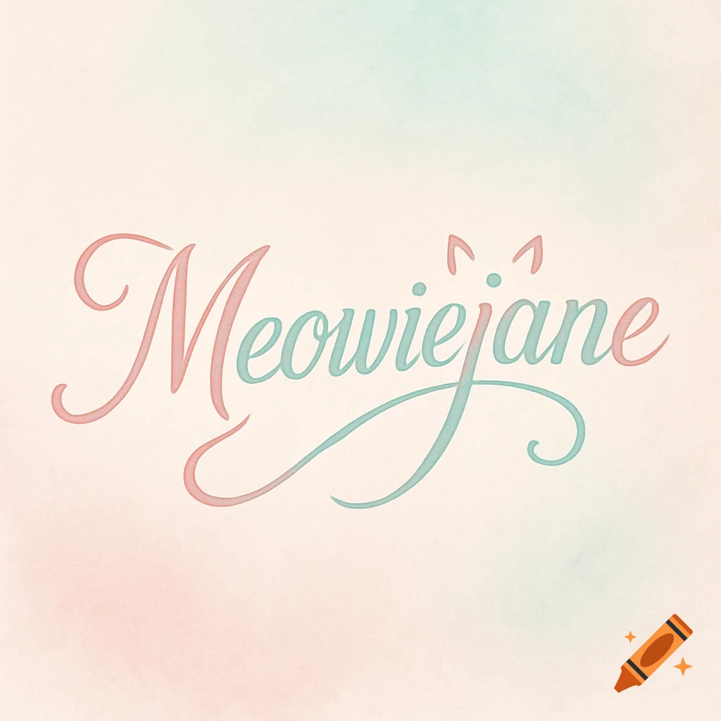 The word "Meowiejane" in flowing pastel pink and teal script with cat ears on the 'j', on a textured background.
