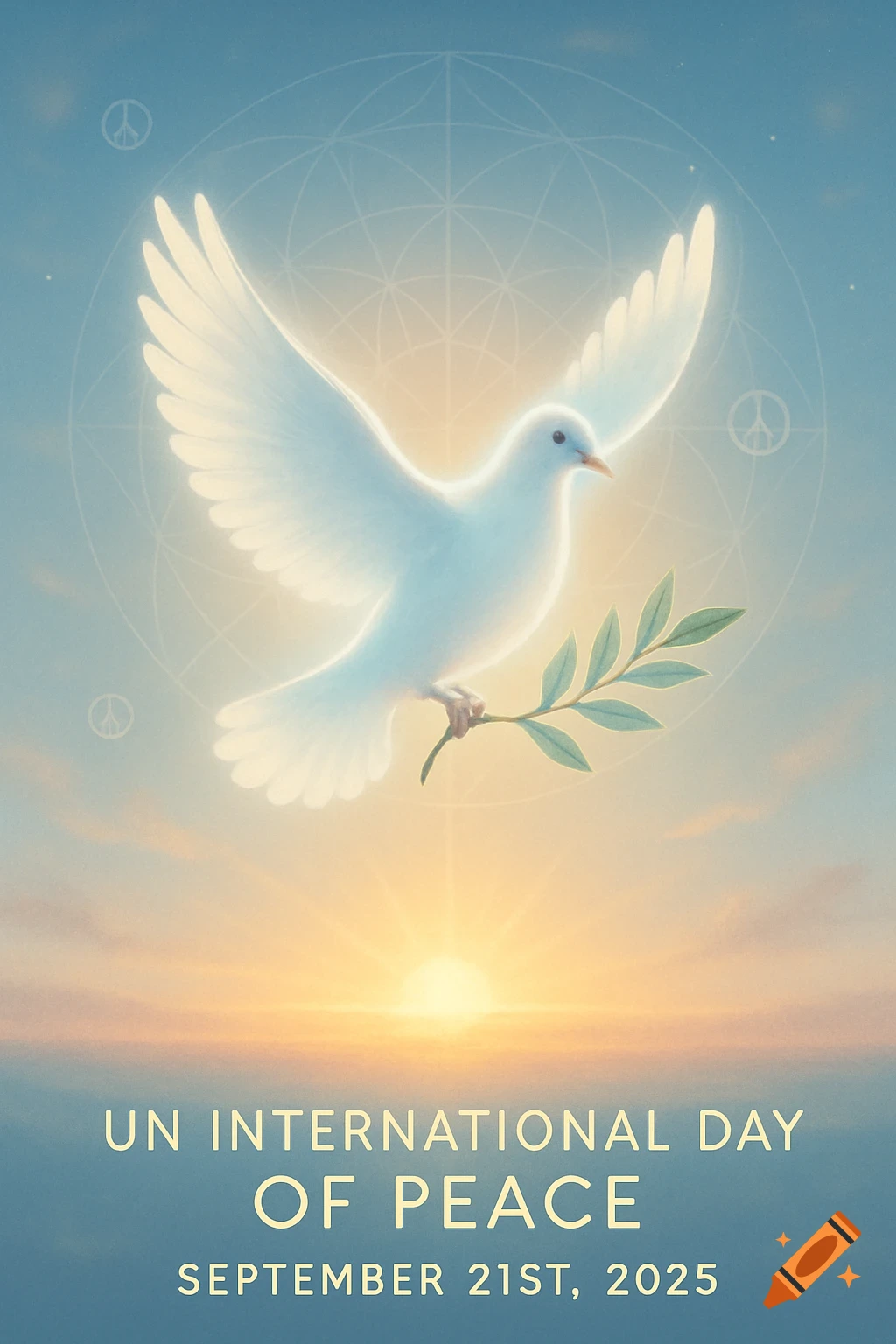 A white dove with an olive branch flies over a sunrise, with peace symbols in the background. Text: "UN International Day of Peace September 21st, 2025".