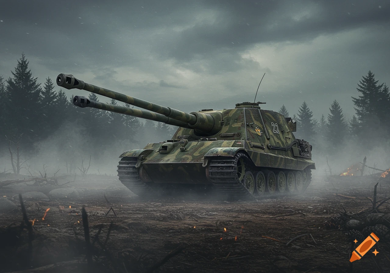 A camouflaged Jagdtiger tank destroyer with twin barrels stands in a misty, war-torn forest under a cloudy sky.