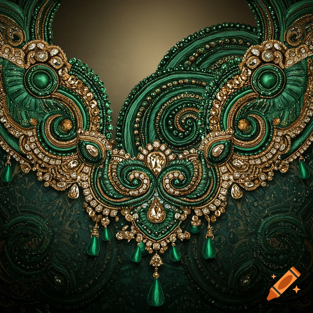 Intricate emerald green and gold embroidery with sparkling jewels.