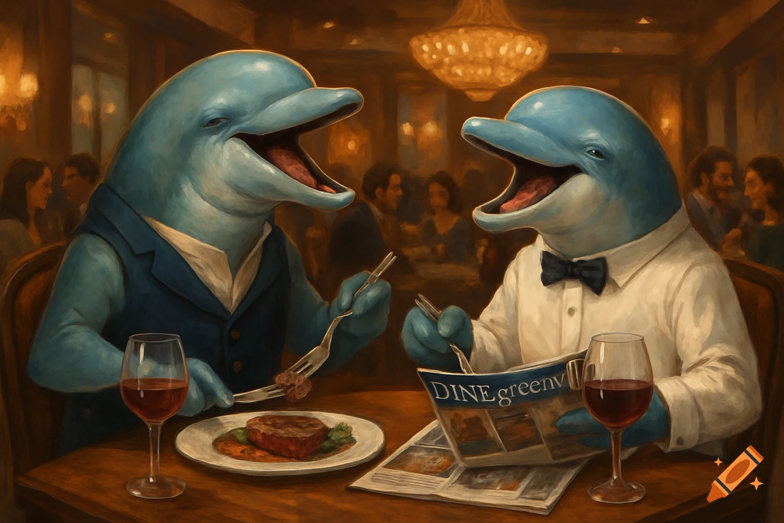 Two anthropomorphic dolphins in suits laughing and dining at an elegant restaurant, one eating steak, the other reading a magazine. Painted style.