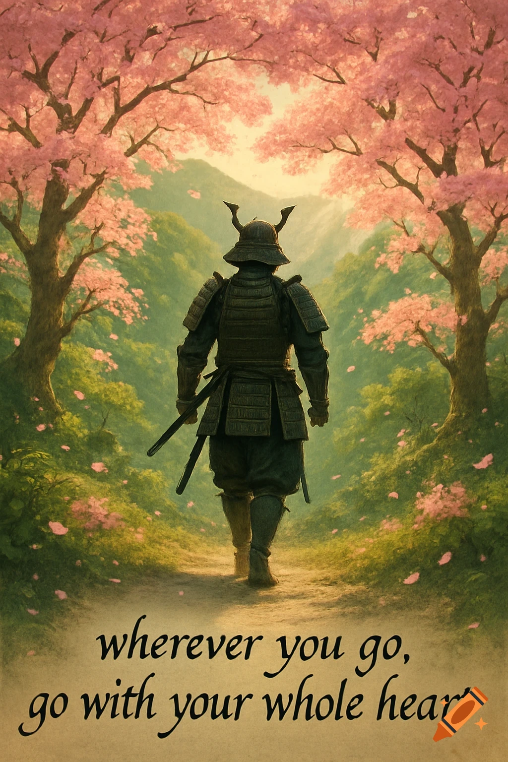 A samurai walks away on a path under blooming cherry blossom trees with the quote 'wherever you go, go with your whole heart' at the bottom.