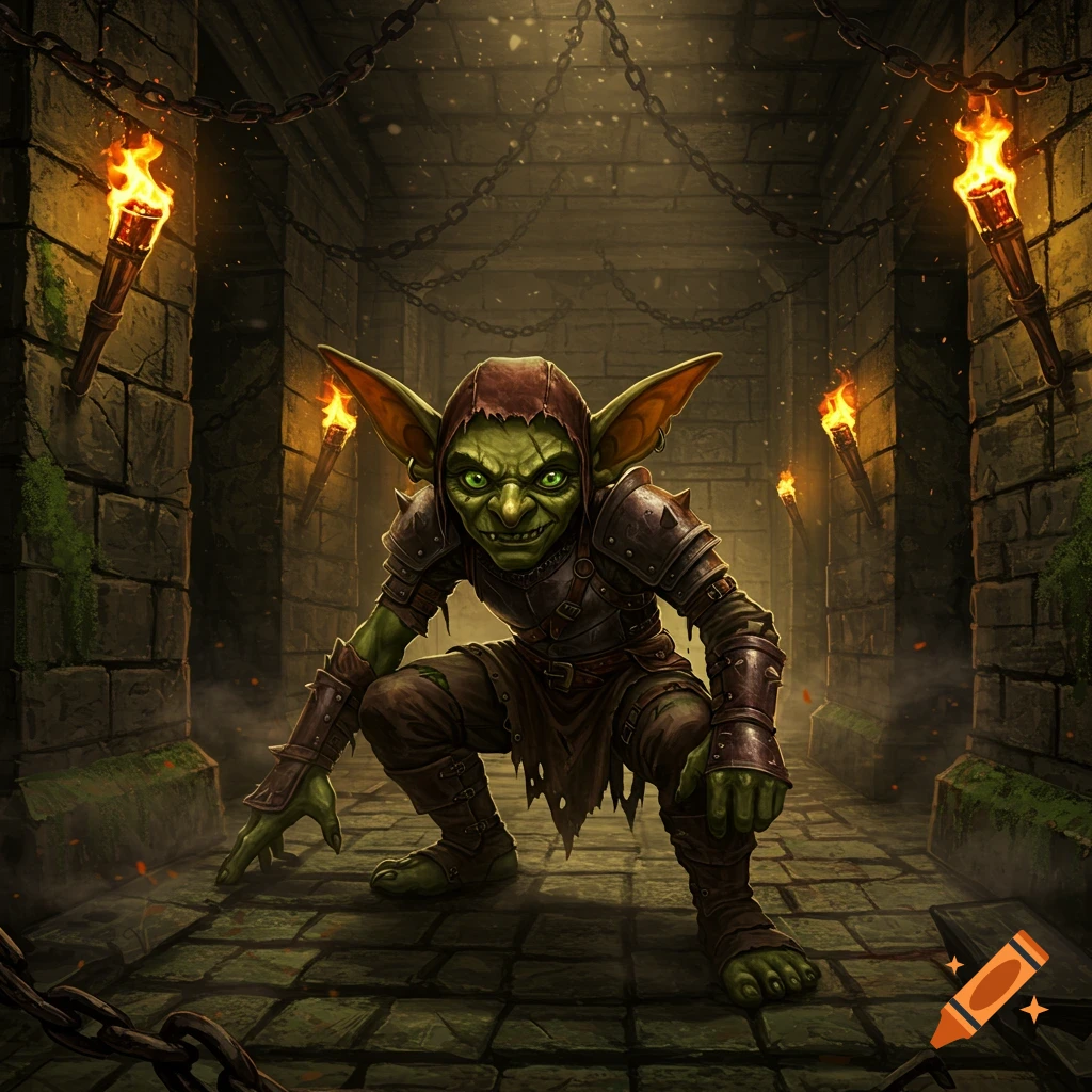 A green-skinned goblin in leather armor crouches menacingly in a dark stone dungeon lit by torches.