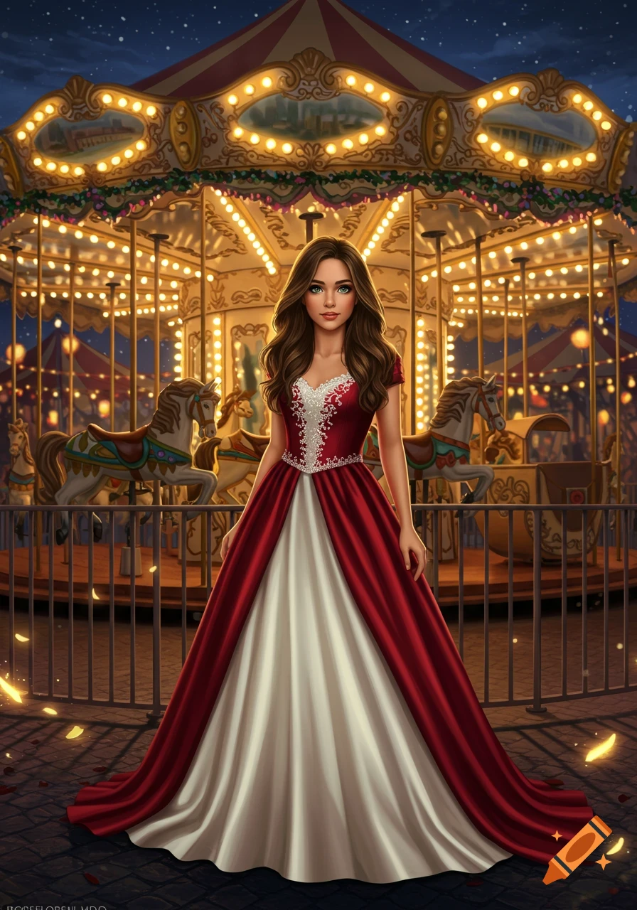A beautiful woman with long brown hair and a red and white ballgown stands in front of a brightly lit carousel at night.