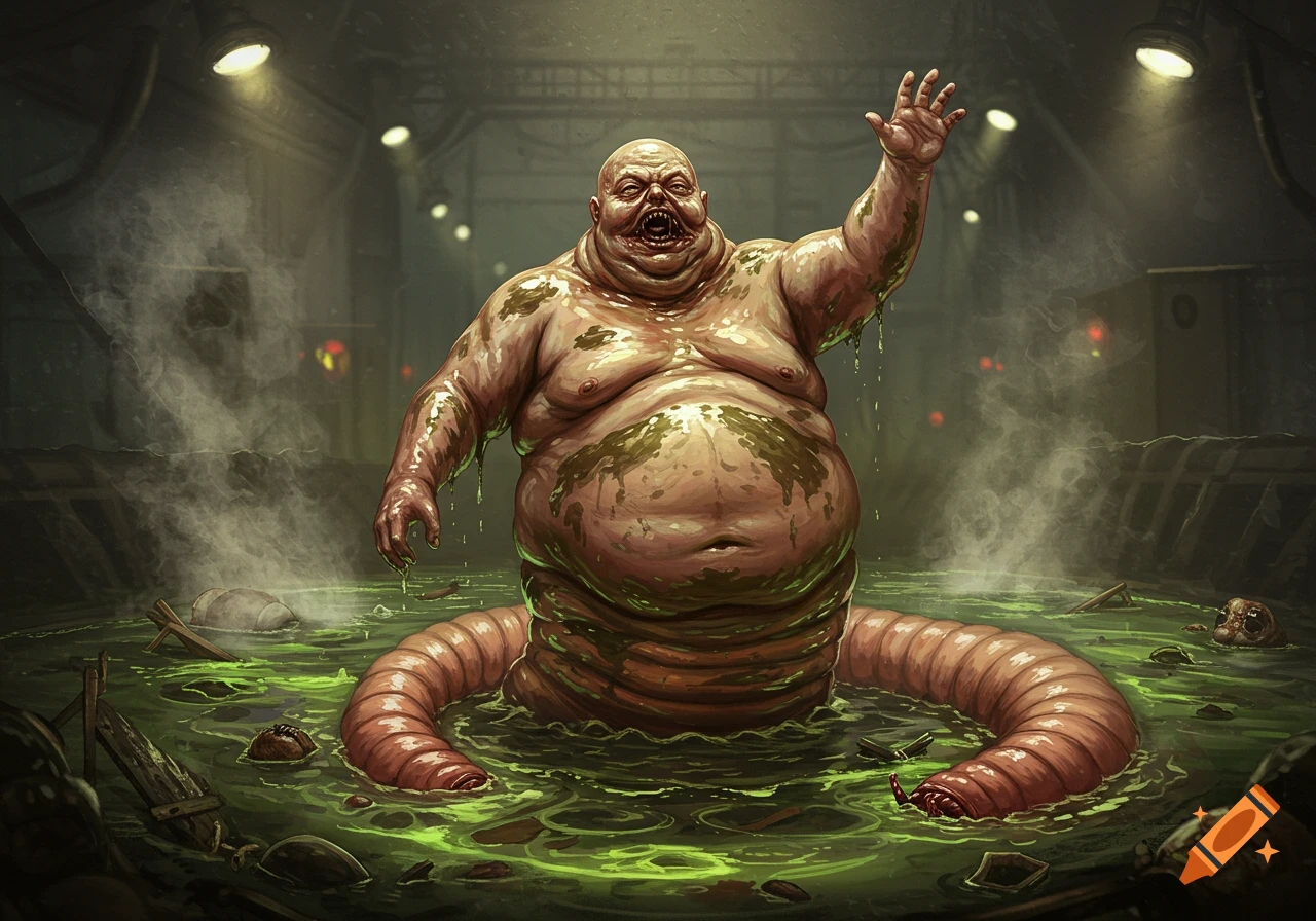 A grotesque, obese man with a worm-like lower body, covered in green slime, rises from a bubbling cesspool in a dark, industrial setting, raising one hand.