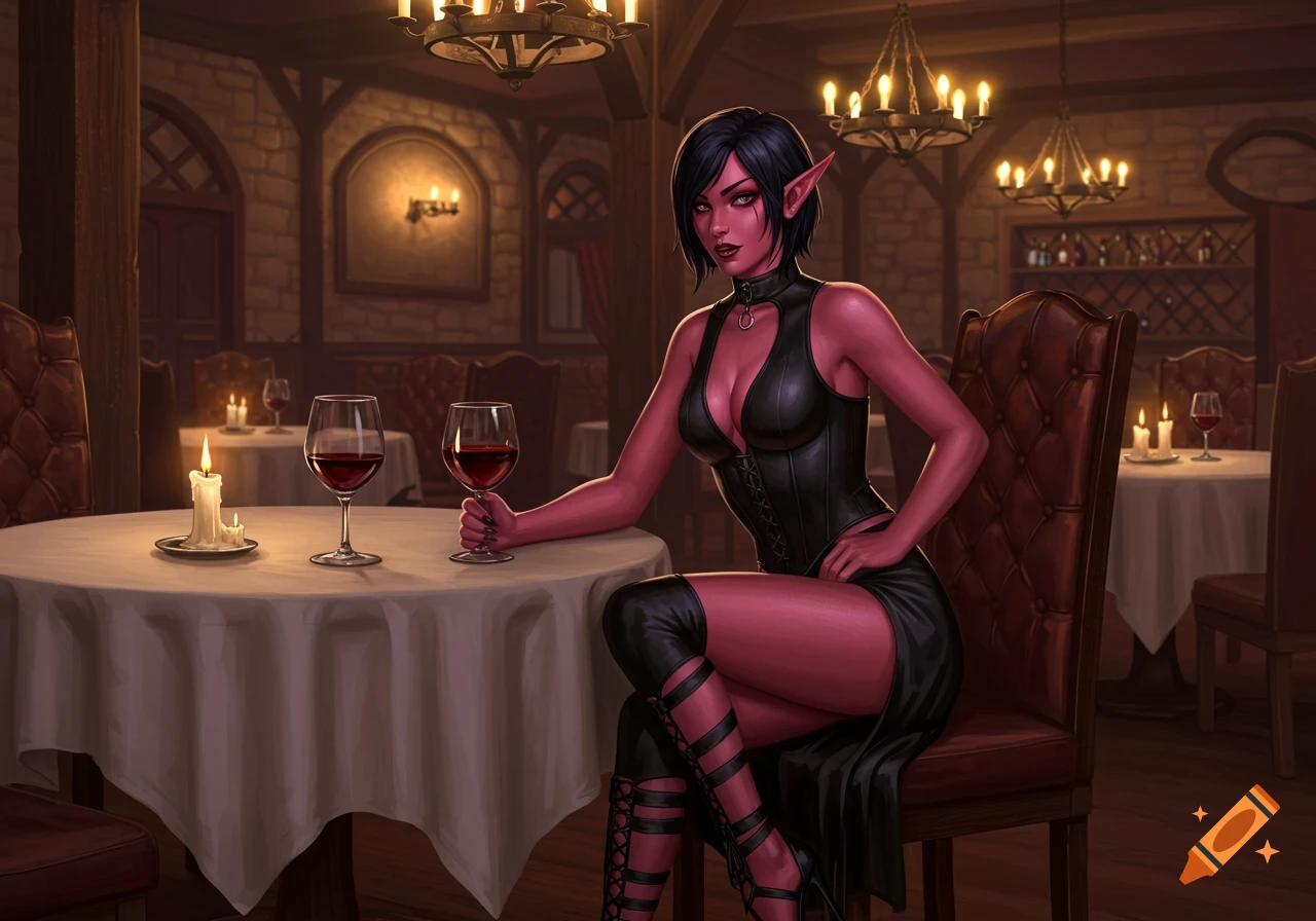 A pink-skinned female elf in a black leather outfit sips wine at a candlelit table in a fantasy tavern, D&D art style.
