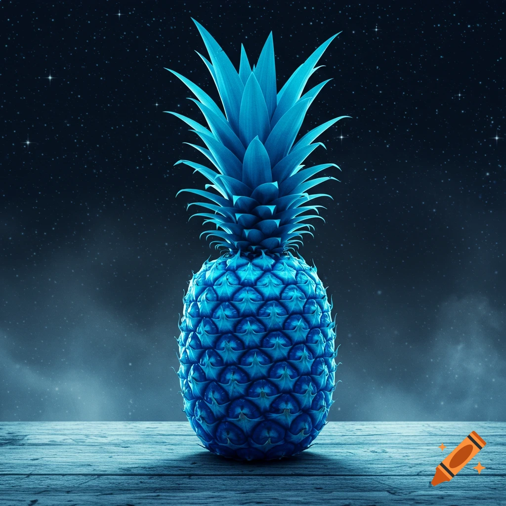 A vibrant blue pineapple sits on a wooden surface against a dark, starry night sky.