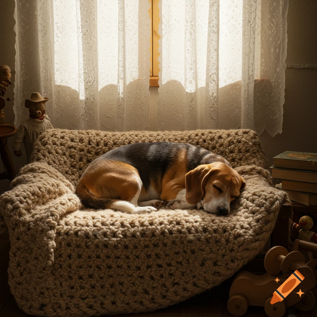 A beagle dog sleeping curled up on a textured brown blanket in a sunlit room with lace curtains and toys.