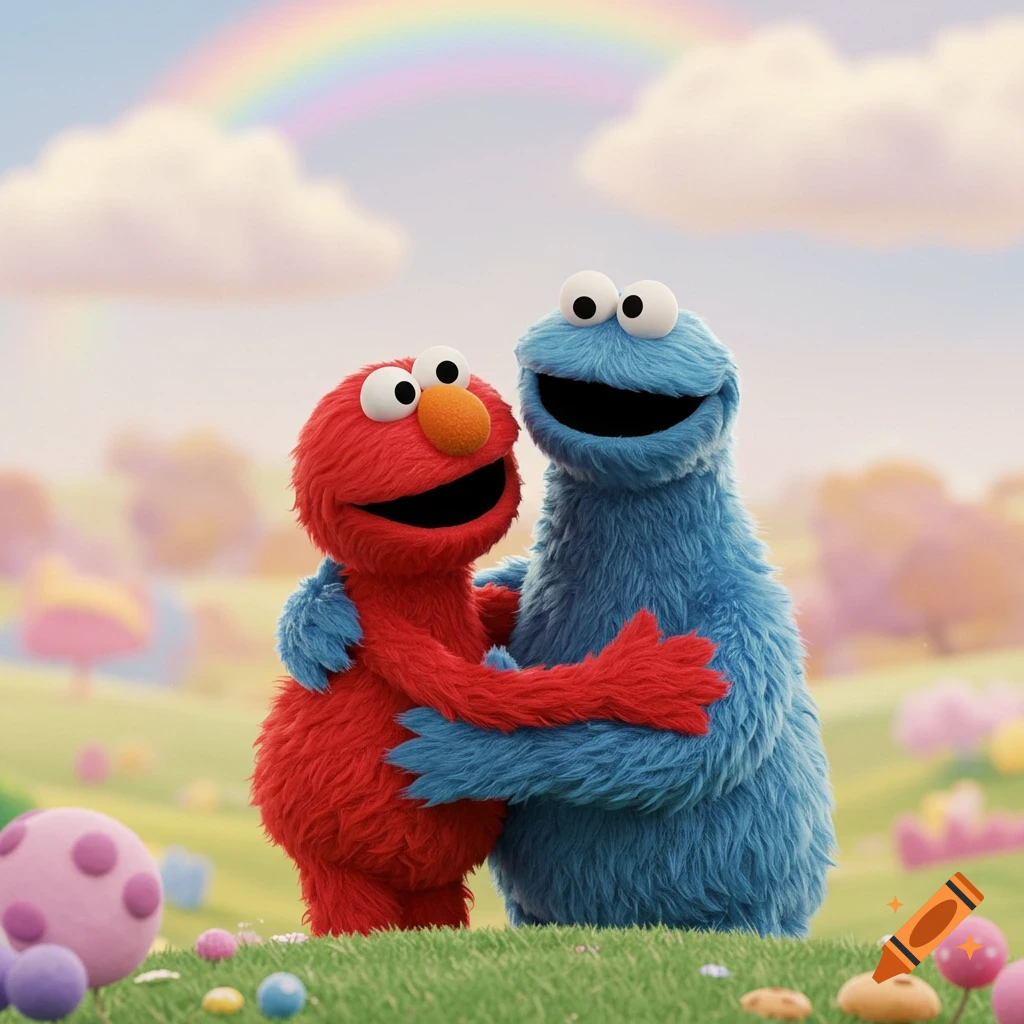 CGI rendering of red Elmo and blue Cookie Monster hugging in a vibrant green field under a rainbow.