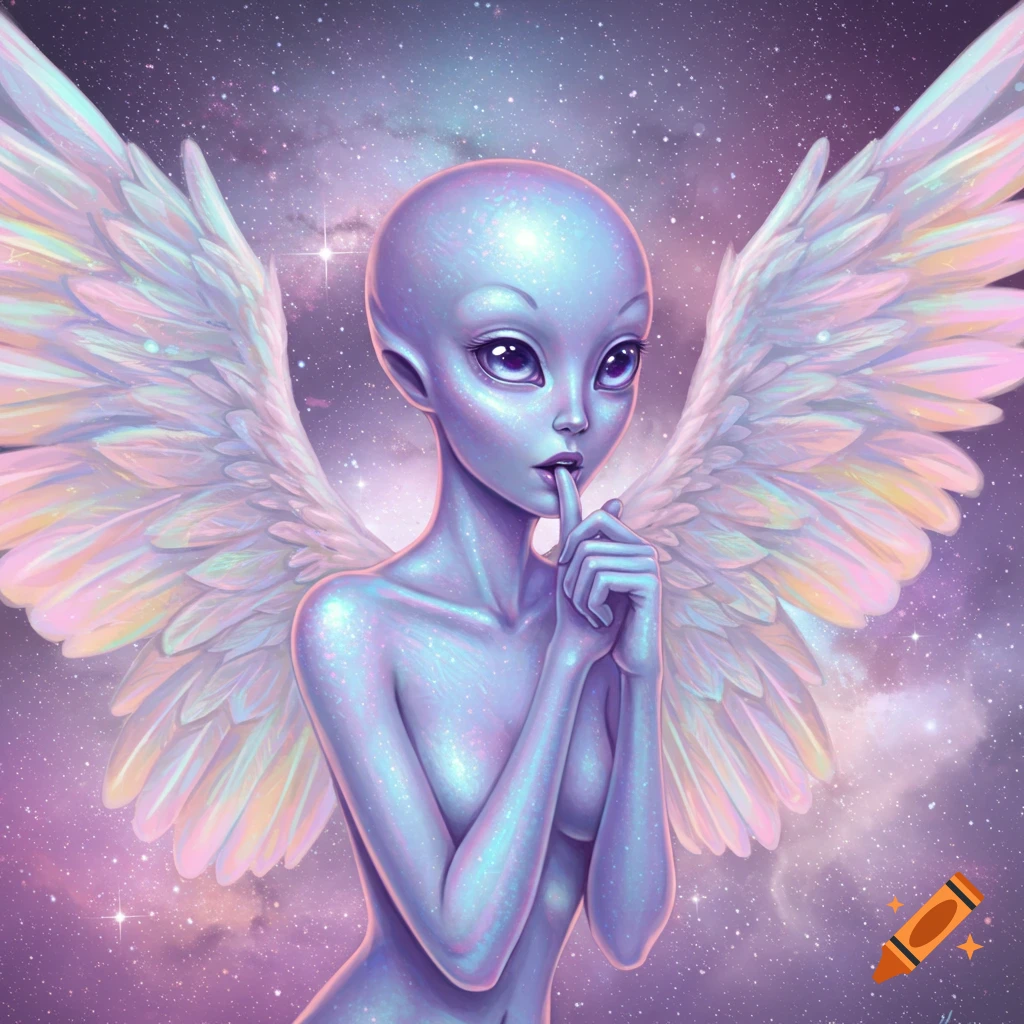 A purple alien woman with large eyes and iridescent wings holds a finger to her lips against a pastel starry cosmic background.