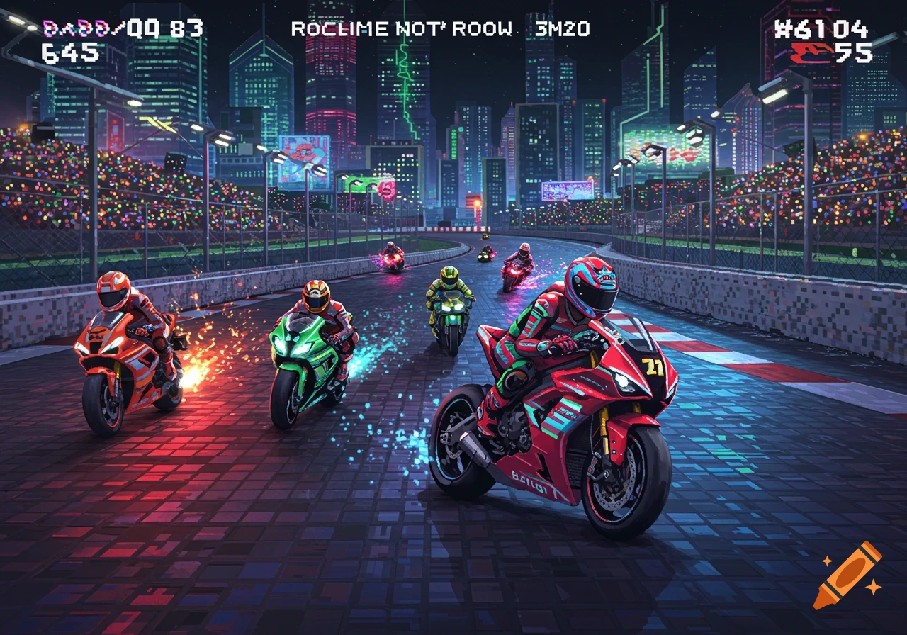 A stylized pixel art image of a motorcycle race at night on a city track, with several riders on colorful super bikes.
