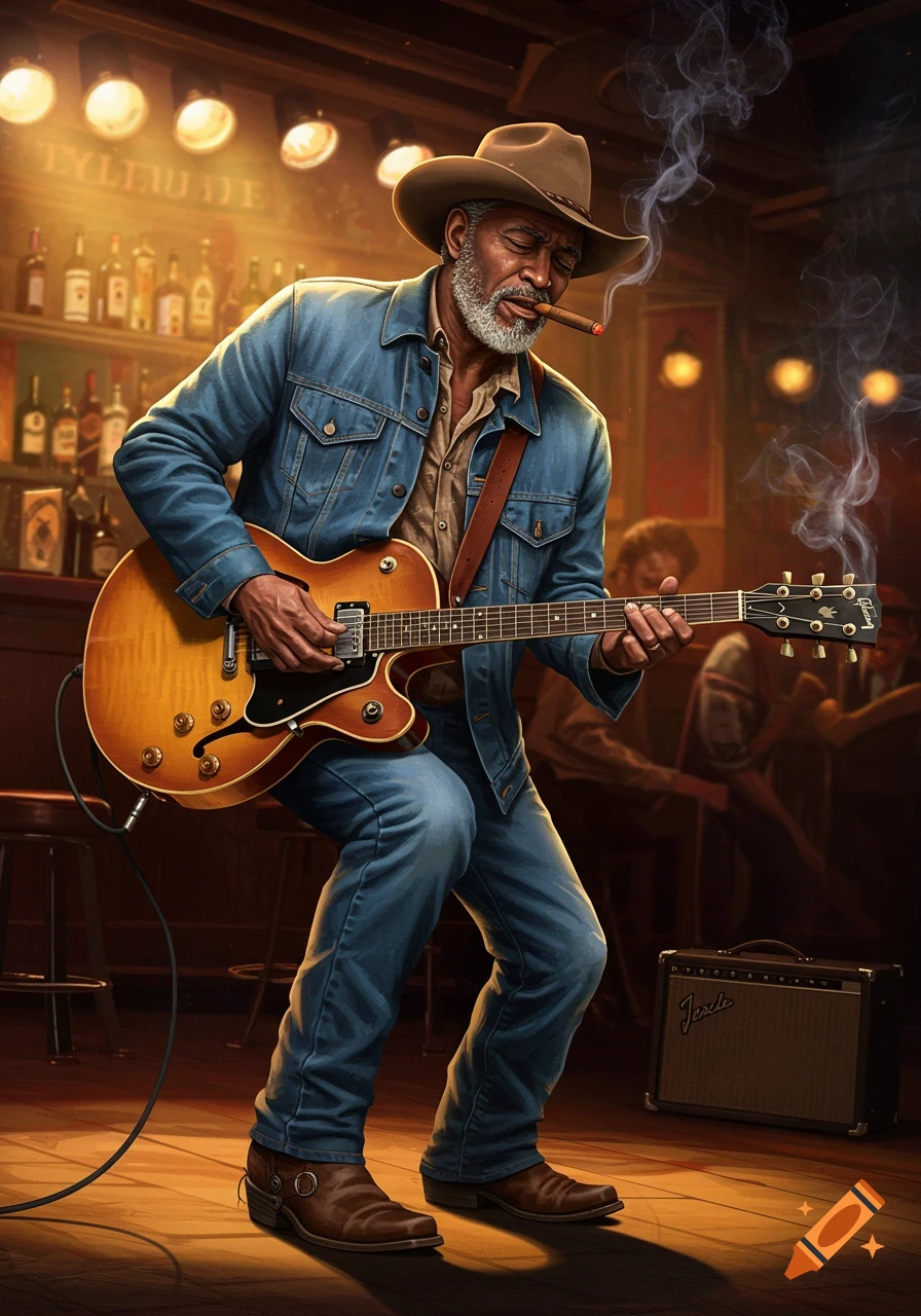 A photorealistic painting of an older Black man wearing a cowboy hat and denim jacket, playing an electric guitar and smoking a cigar in a dimly lit bar.