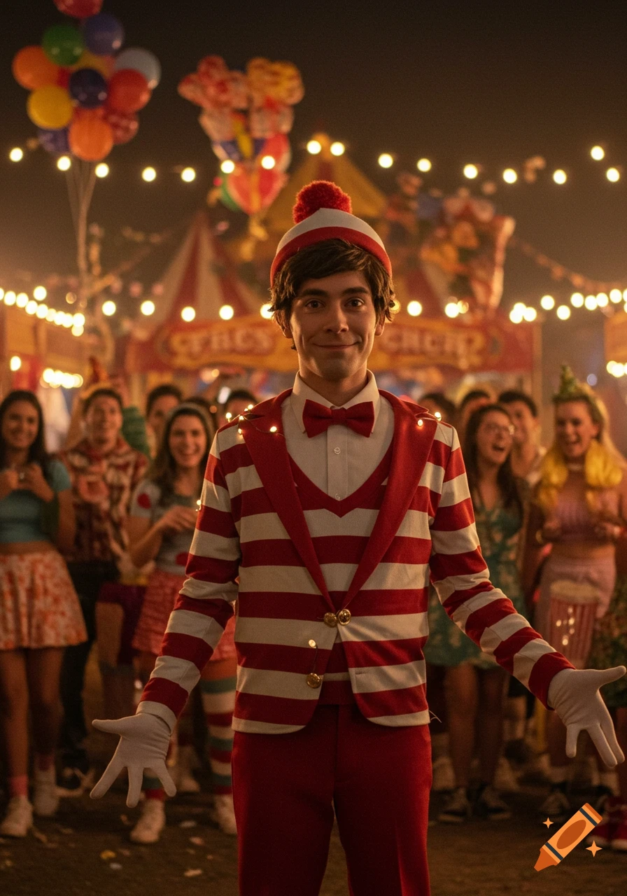 A man dressed as Waldo in a red and white striped tuxedo smiles at a lively carnival with balloons and string lights.