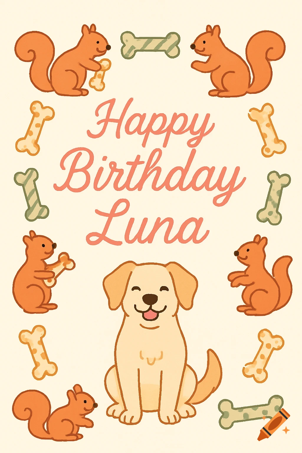 A flat 2D graphic birthday card featuring a happy golden retriever dog at the bottom, with "Happy Birthday Luna" in cursive script above it. The card has a border of cartoon squirrels and scattered bones.