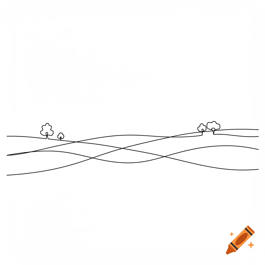 A minimalist black and white line drawing depicting rolling hills with a few stylized trees.