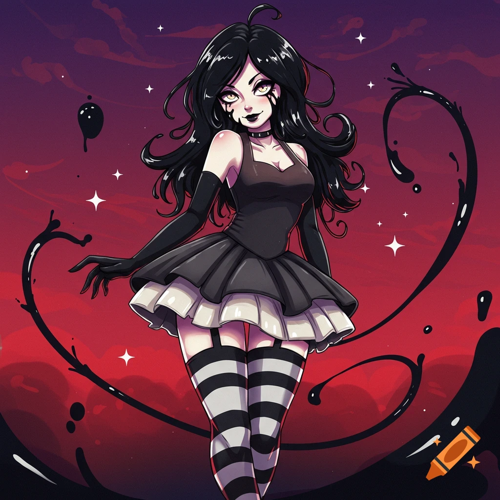 An anime-style character, an ink witch, with long black hair, black dress, and striped stockings, stands against a red and purple sky with black ink tendrils.