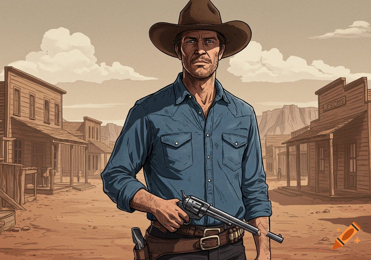 Retro drawing of a cowboy in a blue shirt and hat holding a revolver, standing in an old Western town.