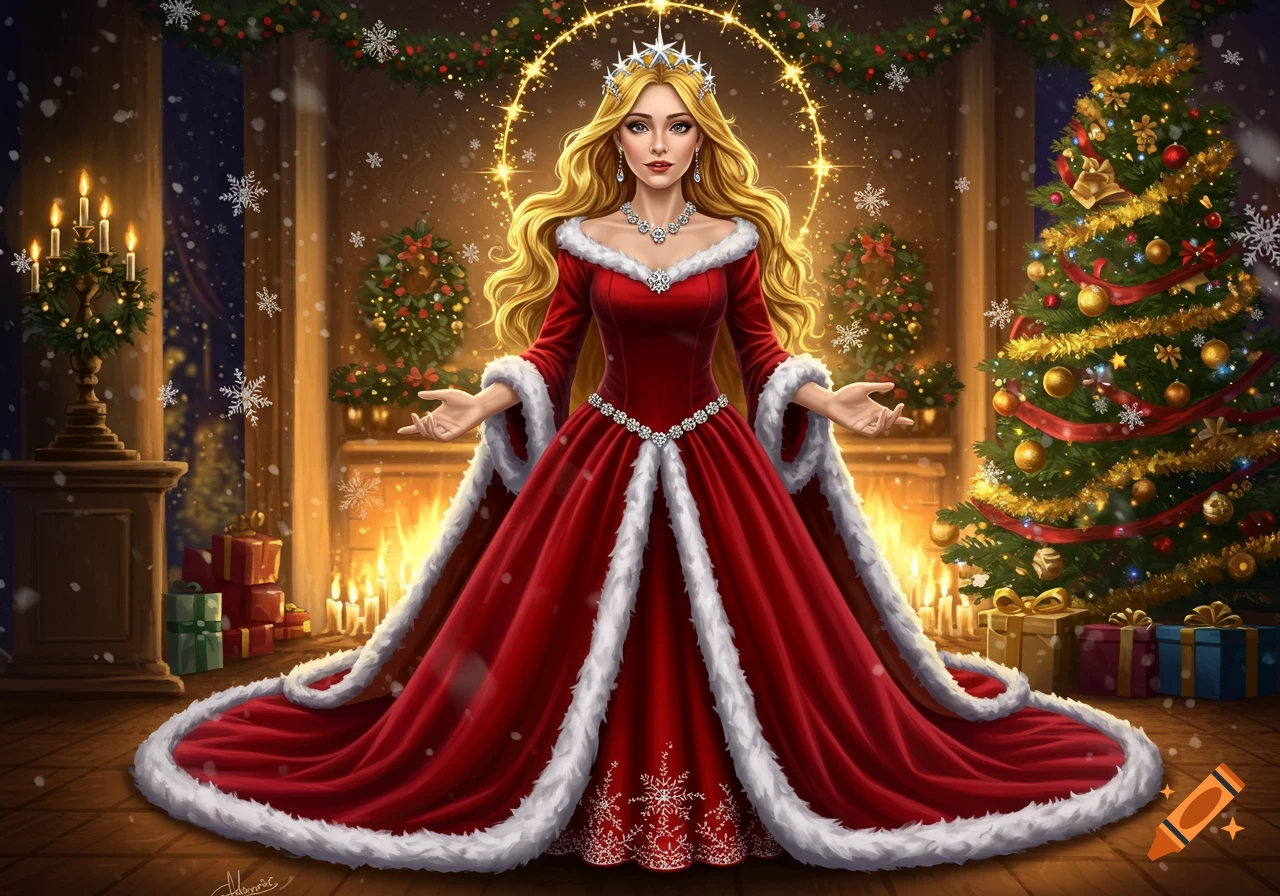 A queen in a red and white fur-trimmed gown stands in a festive Christmas room with a tree and fireplace, digital painting.