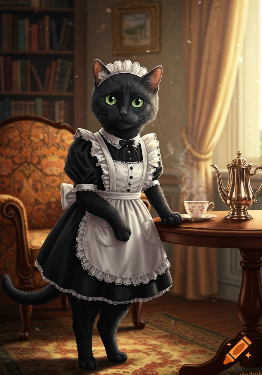 A black cat dressed as a maid stands next to a wooden table with a teapot and teacup in a richly decorated room, digital art.