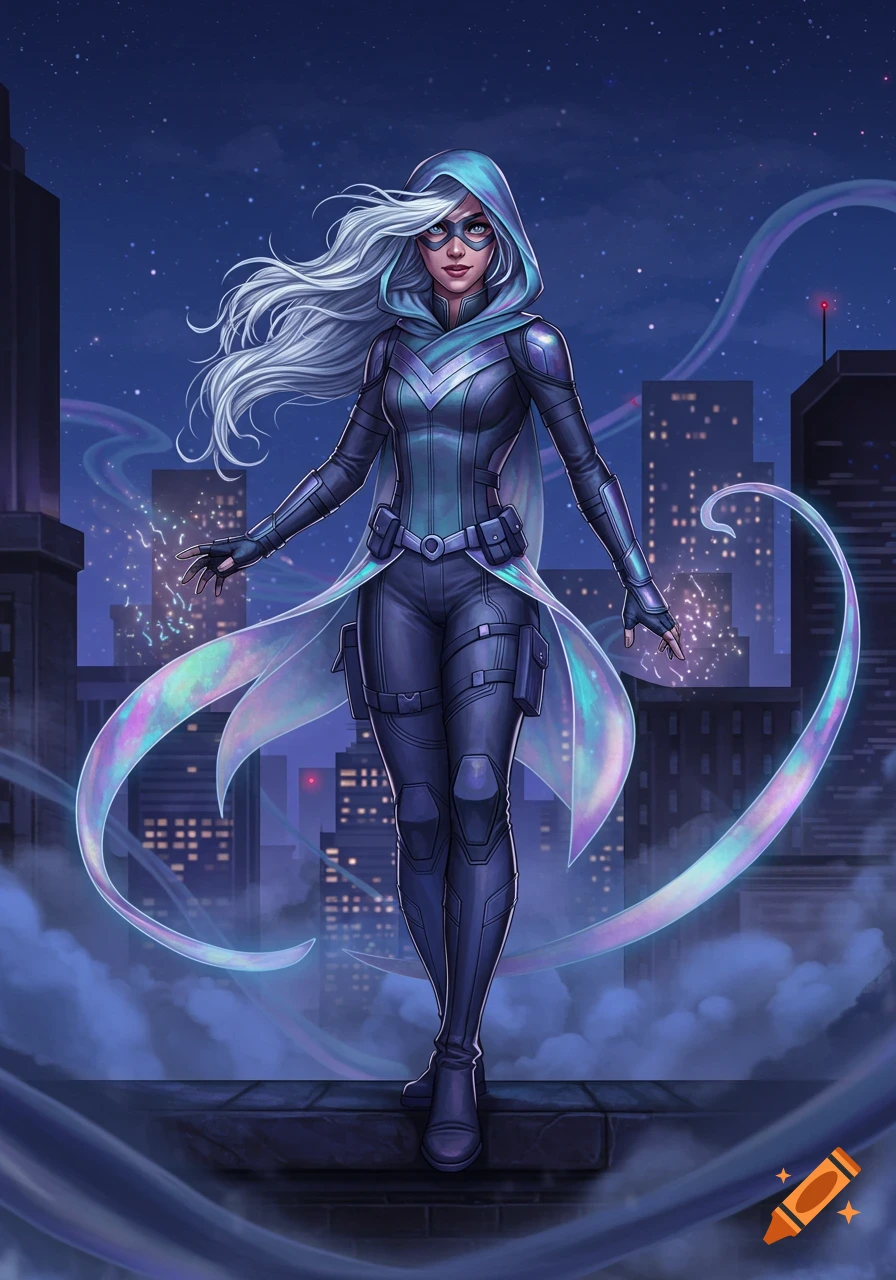 A female vigilante with long white hair and a turquoise hooded suit stands on a city rooftop at night, surrounded by shimmering, iridescent ribbons of light.